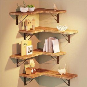 Wood Corner Floating Shelves Set of 4, Wall Mounted Shelves  Rustic Brown